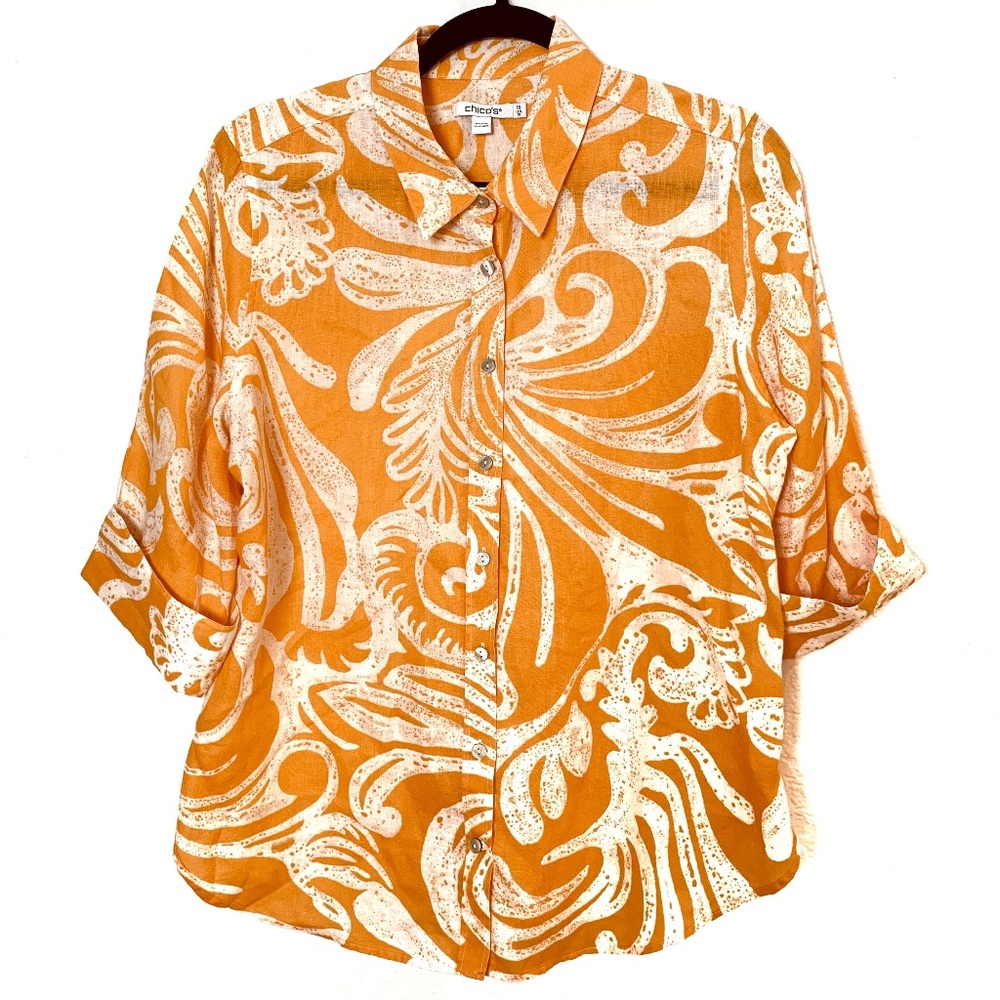 Chico's Orange Linen Shirt Chicos Size 1.5 = US 10 Button Up Artsy Tropical